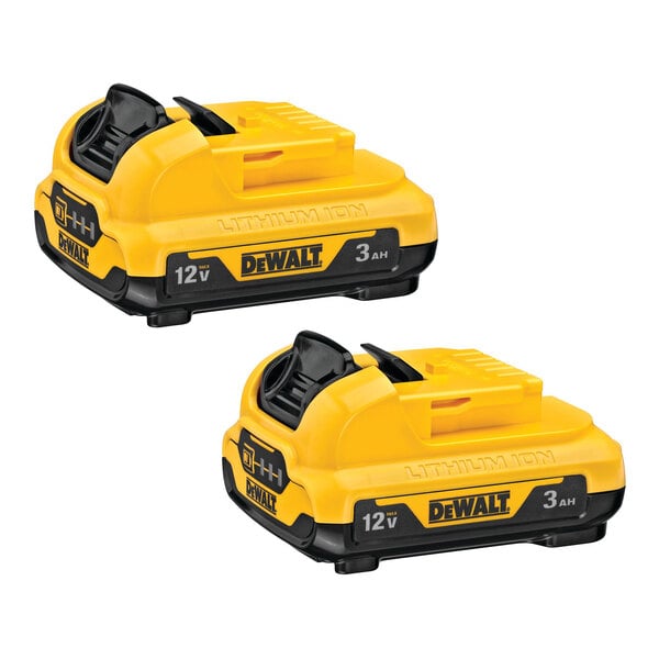Two yellow and black DeWalt 12V MAX lithium-ion batteries.