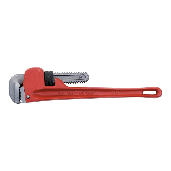 A red pipe wrench with a handle.