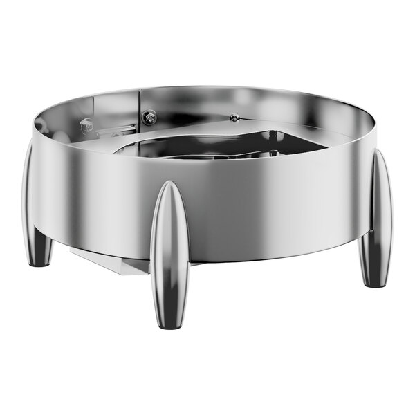 A round stainless steel chafer stand with three legs and a built-in fuel holder.