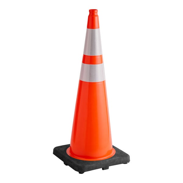 A 36-inch orange PVC traffic cone with a 10 lb. base and double high-intensity prismatic reflective collars.