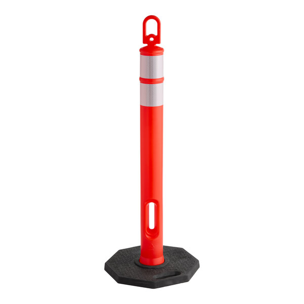 A 45-inch orange delineator post with a ring top, double high-intensity prismatic reflective collars, and a 13-pound black base.