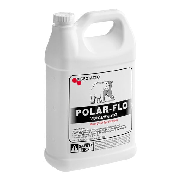 A 1-gallon container of Micro Matic Polar-Flo USP-grade propylene glycol beer chiller for refrigerated re-circulating power packs.