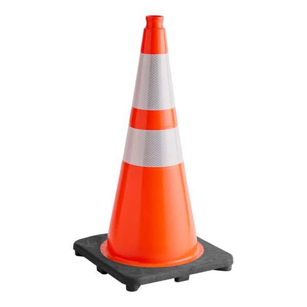 A 28-inch orange PVC traffic cone with a 7 lb. base and two high-intensity prismatic reflective collars.