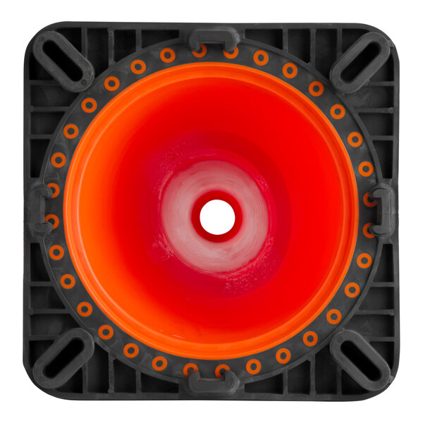 A square-based orange PVC traffic cone with a central hole and high-visibility markings.