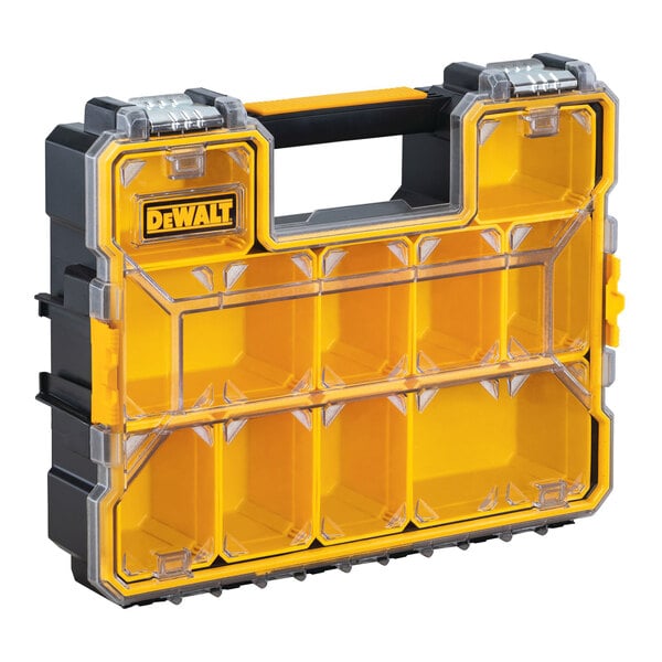 A yellow and black Dewalt toolbox with two compartments.