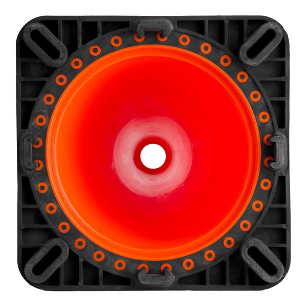 A square black base with an orange circular center, part of a 28-inch orange PVC traffic cone.
