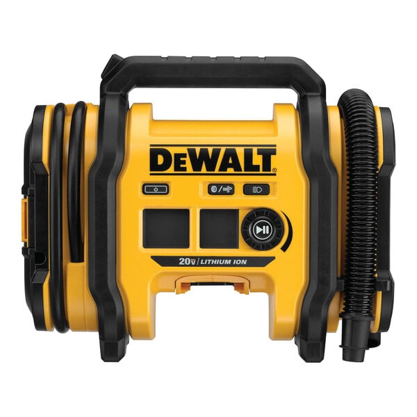 A yellow and black Dewalt cordless air compressor.