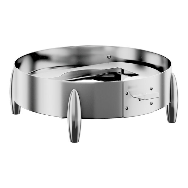 A round stainless steel chafer stand with three legs and a built-in fuel holder.