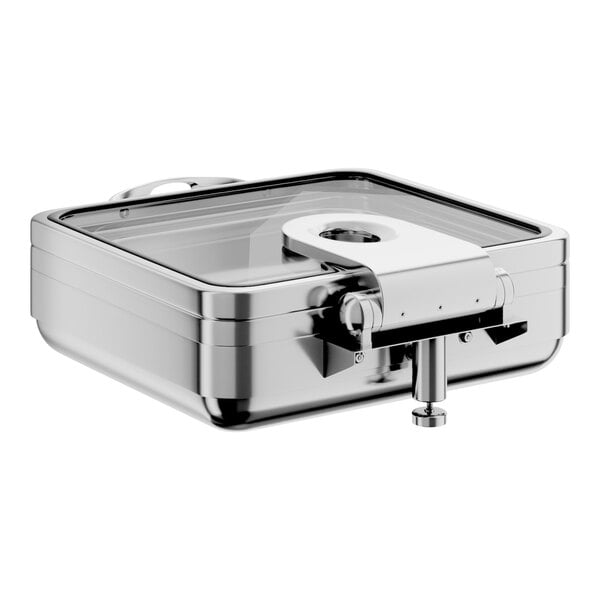 A square stainless steel induction chafer with a glass top and soft close lid.