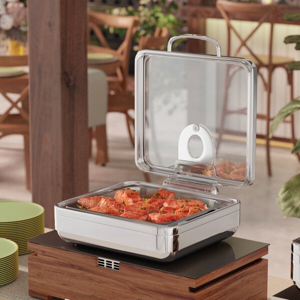 Acopa Manchester 6 Qt. 2/3 Size Square Stainless Steel Induction Chafer with Glass Top and Soft Close Lid