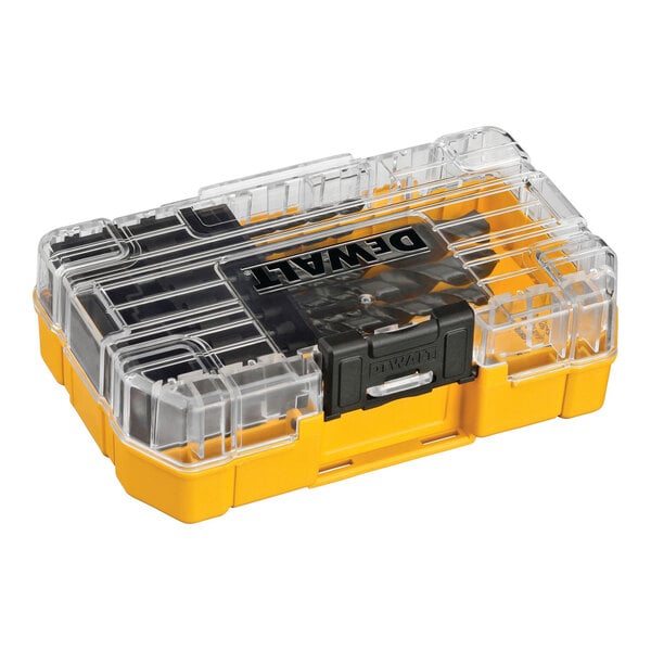 A plastic DeWalt tool box with a clear plastic lid.