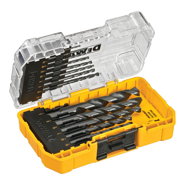 A yellow box of DeWalt HSS drill bits with 6 drill bits inside.