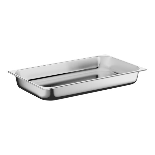 A full size stainless steel chafer food pan.