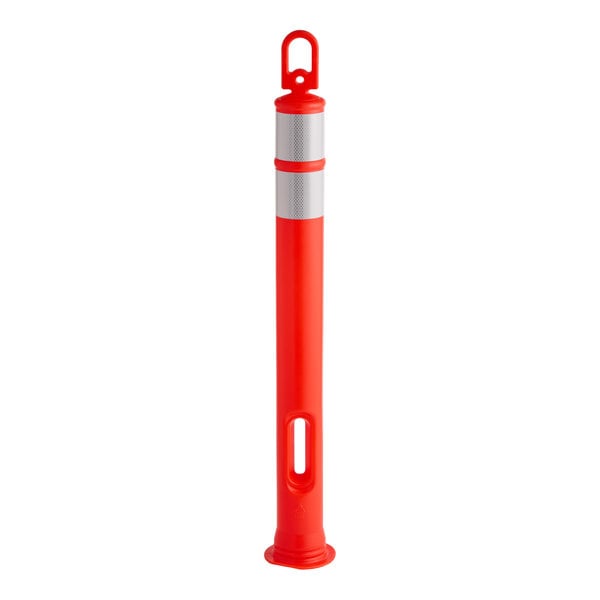 A tall orange delineator post with a ring top and two reflective prismatic collars.