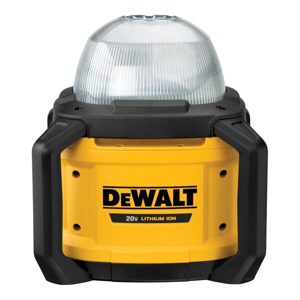 A yellow and black Dewalt work light on a white background.
