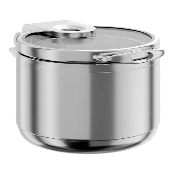 A round stainless steel soup induction chafer with a glass top and soft close lid.