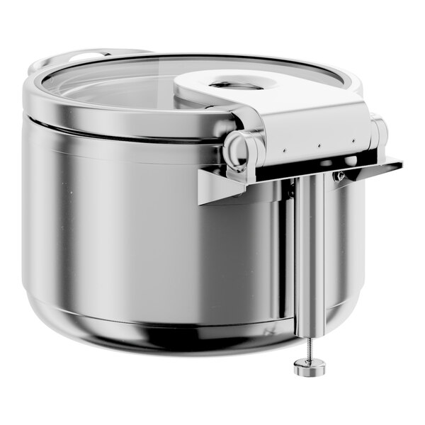 An 11-quart round stainless steel soup induction chafer with a glass top and soft close lid.