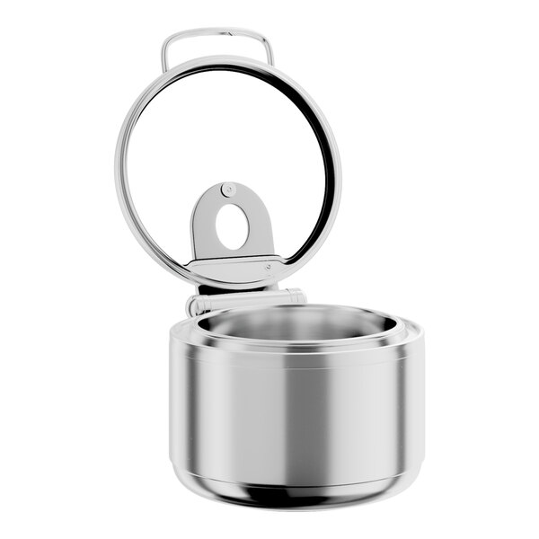 A round stainless steel soup induction chafer with a glass top and soft close lid.