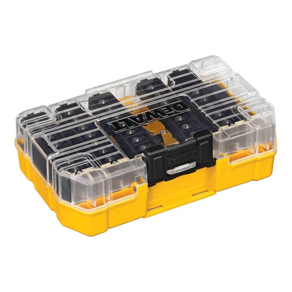 A plastic box with black and yellow plastic containing Dewalt screwdriver bits.