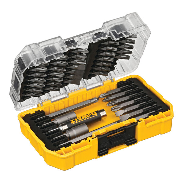 A plastic box with a DeWalt screwdriver bit set.