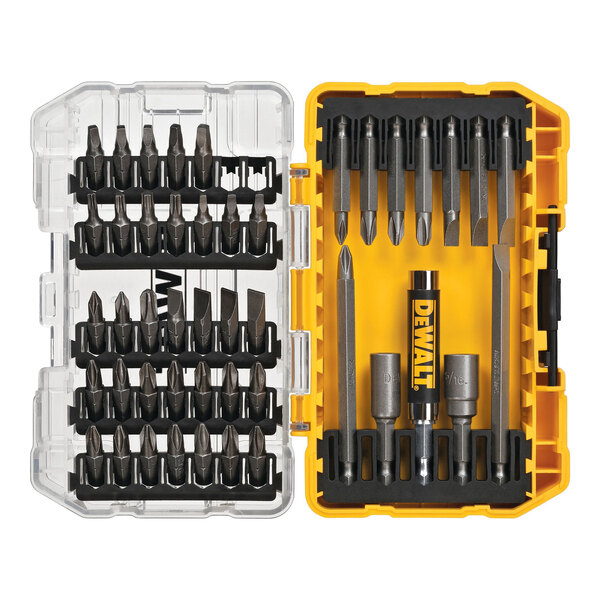 A plastic case with a Dewalt screwdriver bit set.