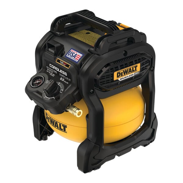 A close-up of a yellow and black DeWalt 20V MAX air compressor.