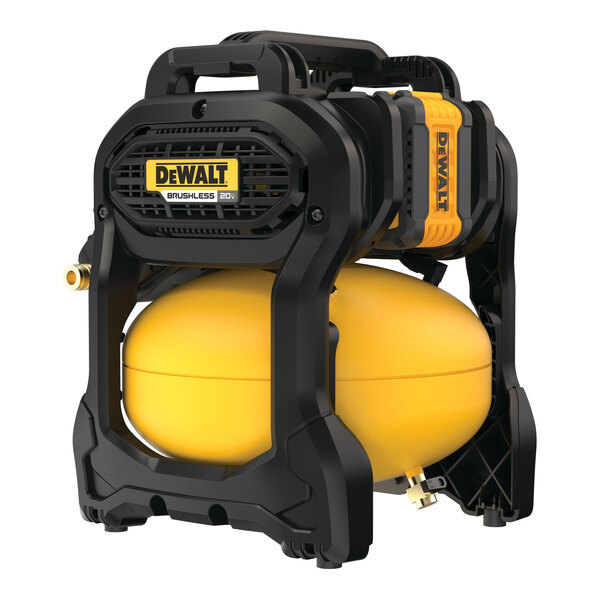 A black and yellow DeWalt air compressor in a room.