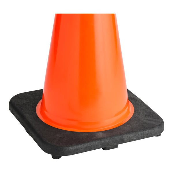 An orange PVC traffic cone with a black base.