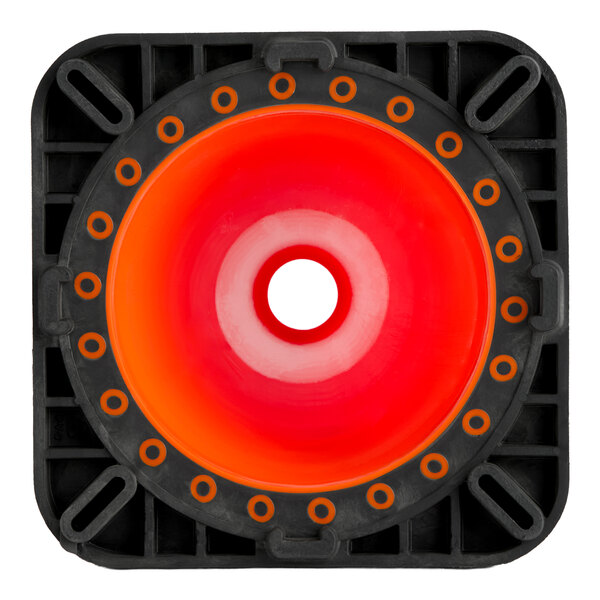 An orange PVC traffic cone with a black 3 lb. base, viewed from above.