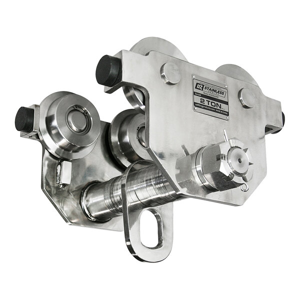 A stainless steel 2-ton push beam trolley for lifting and moving heavy loads.
