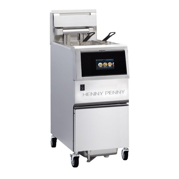 A commercial stainless steel electric floor fryer with a digital control panel and two fryer baskets.