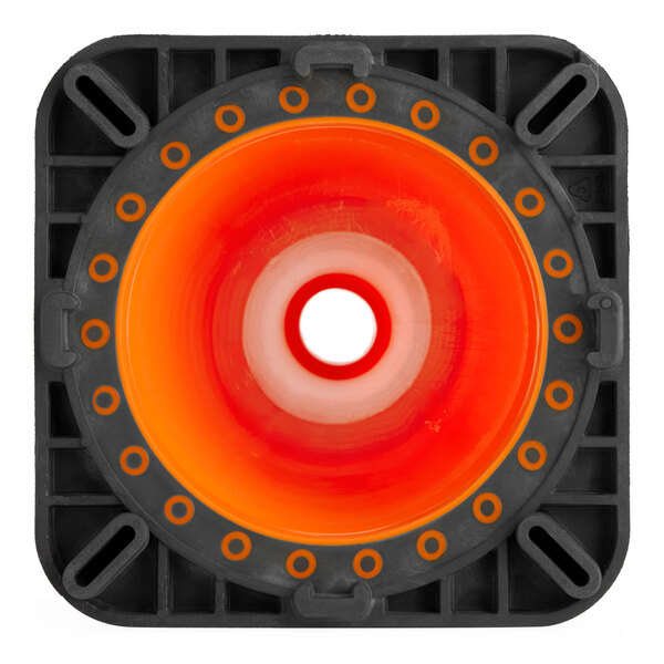 An orange PVC traffic cone with a black square base and a high-intensity prismatic collar.