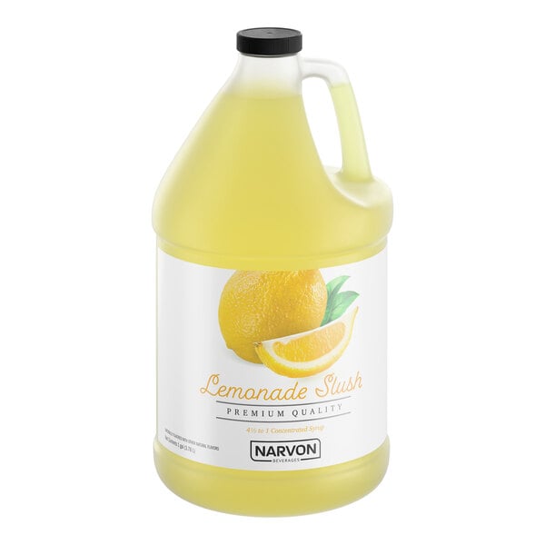 A one-gallon jug of Narvon Lemonade Slushy 4.5:1 concentrate.