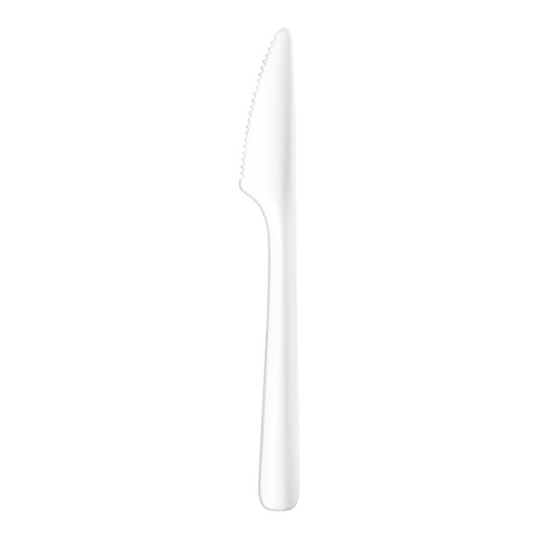A white Jungle Bloom CPLA plastic knife with a long handle.