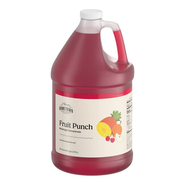 A large plastic jug filled with red liquid, labeled as fruit punch beverage concentrate with images of assorted fruits on the label.