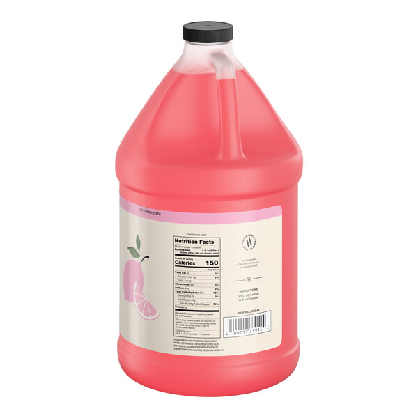 A one-gallon jug of Hometown Provisions pink lemonade beverage concentrate.