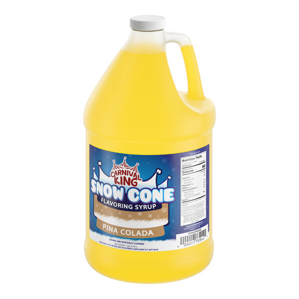 A gallon jug of Carnival King Pina Colada snow cone flavoring syrup.