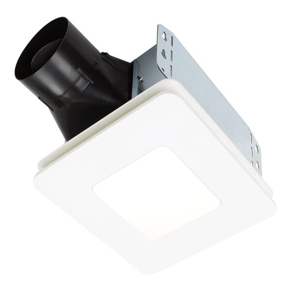 A Broan white square exhaust fan with LED light.