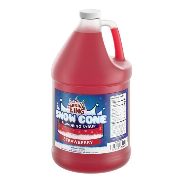 A one-gallon jug of Carnival King Strawberry Snow Cone Flavoring Syrup.