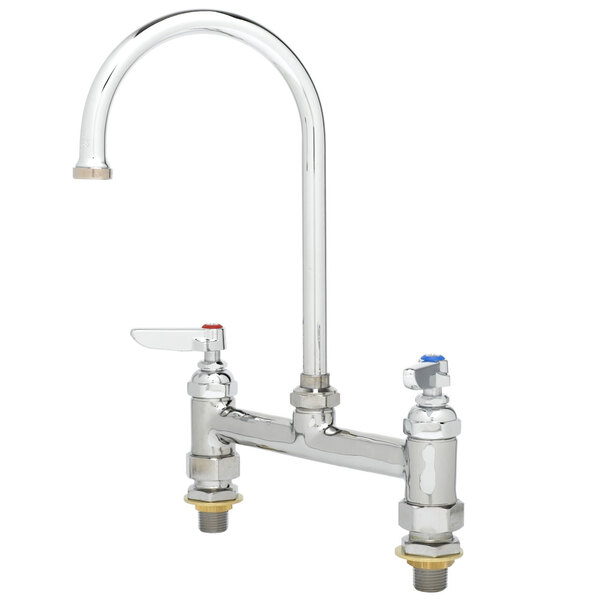 A silver T&S deck-mounted faucet with lever handles.