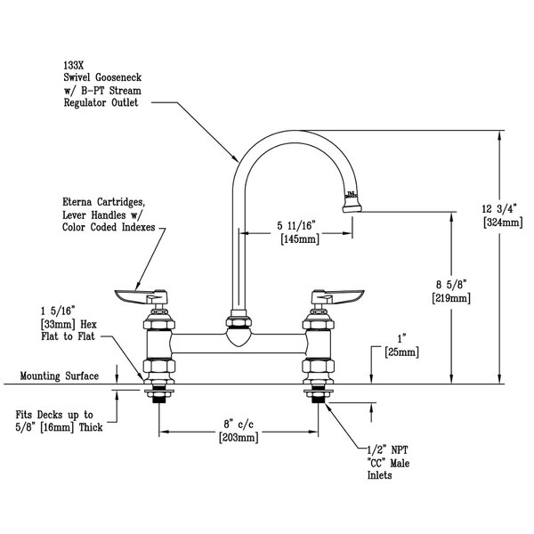 A diagram of a T&S deck-mounted faucet with the measurements for the 8" adjustable centers.