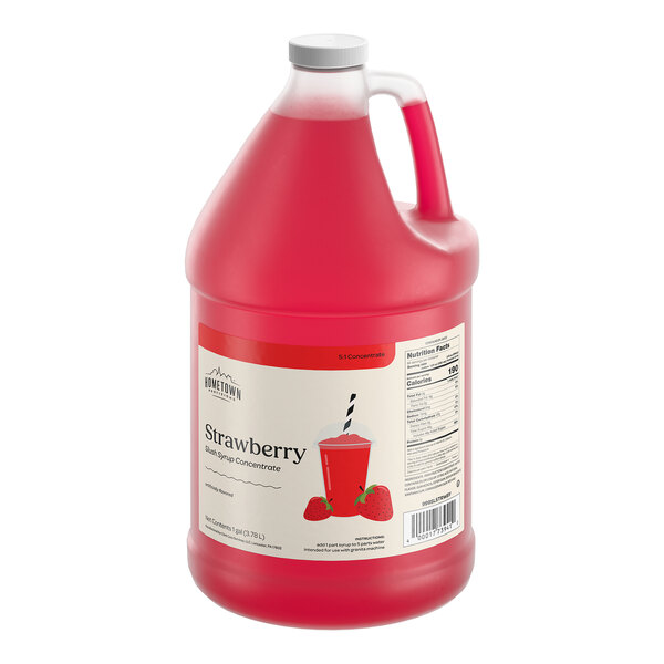 A one-gallon jug of Hometown Provisions strawberry slushy concentrate.