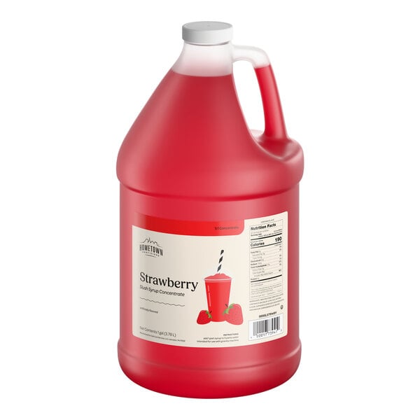 A one-gallon jug of Hometown Provisions Strawberry Slushy 5:1 Concentrate.