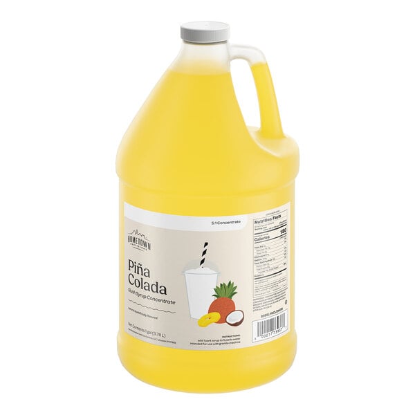 A one-gallon jug of Hometown Provisions Piña Colada slushy concentrate.
