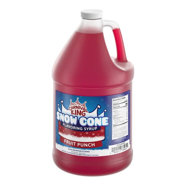 A one-gallon jug of Carnival King Fruit Punch Snow Cone Flavoring Syrup.