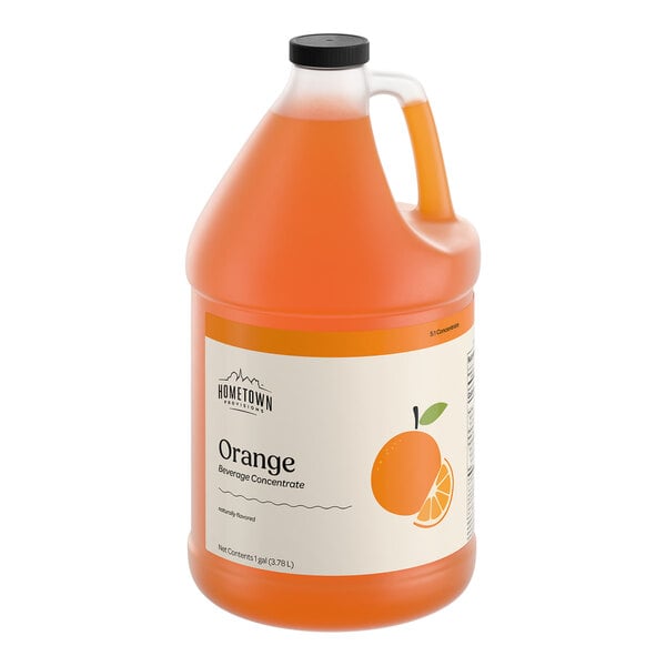 A 1-gallon jug of Hometown Provisions Orange Beverage 5:1 concentrate.