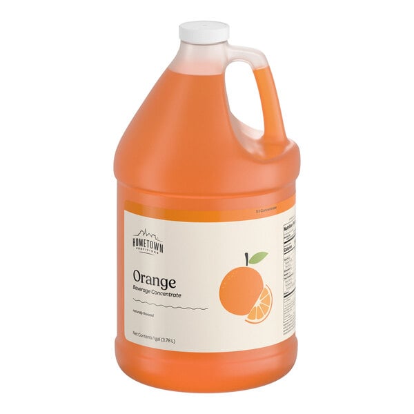 A large plastic jug filled with orange liquid, featuring a handle and a label with an illustration of an orange and text indicating it is orange beverage concentrate.