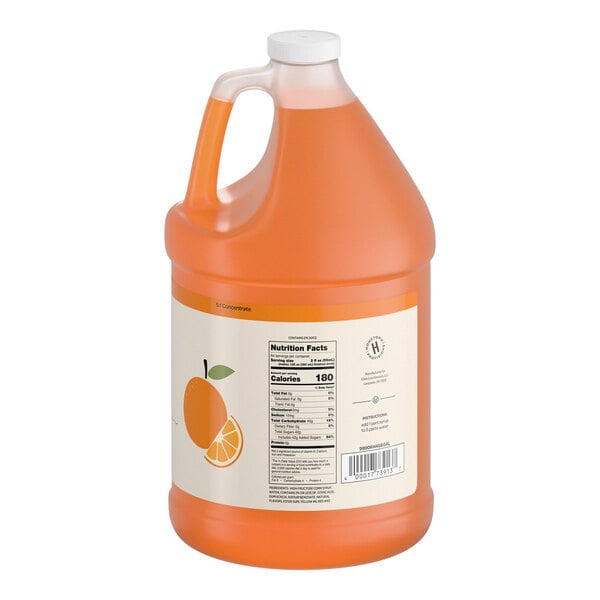 A large, translucent plastic jug with an orange liquid inside, featuring a handle and a label with an orange fruit illustration and nutrition facts.