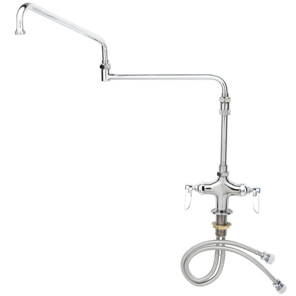 A chrome T&S deck-mounted pantry faucet with a double jointed swing nozzle and a hose.