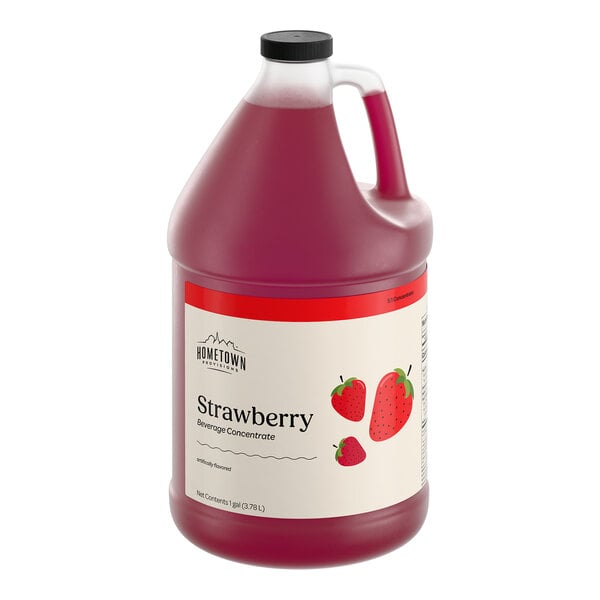 A 1-gallon jug of Hometown Provisions strawberry beverage concentrate.